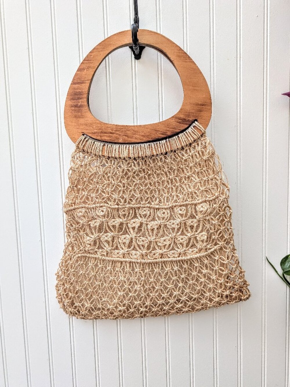 Vintage Mid-Century Woven Macrame Raffie Handbag with Wood Handles